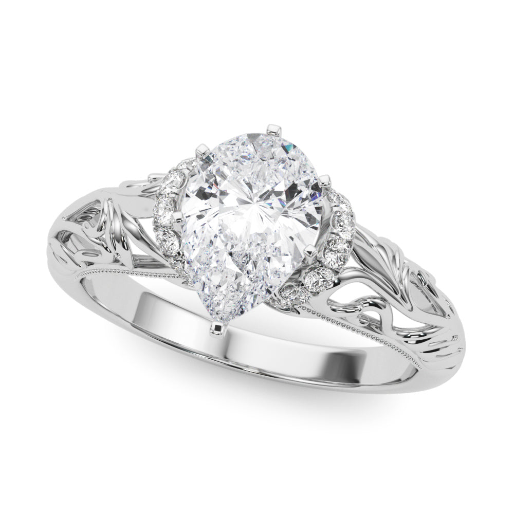 Silver Pear Solitaire Filigree Engagement Ring with Halo and Prong Setting 2