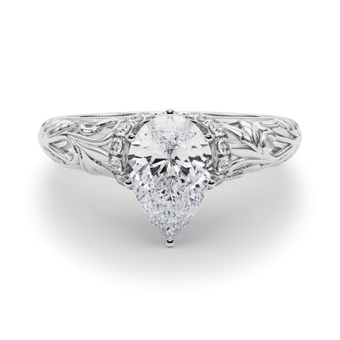 Silver Pear Solitaire Filigree Engagement Ring with Halo and Prong Setting