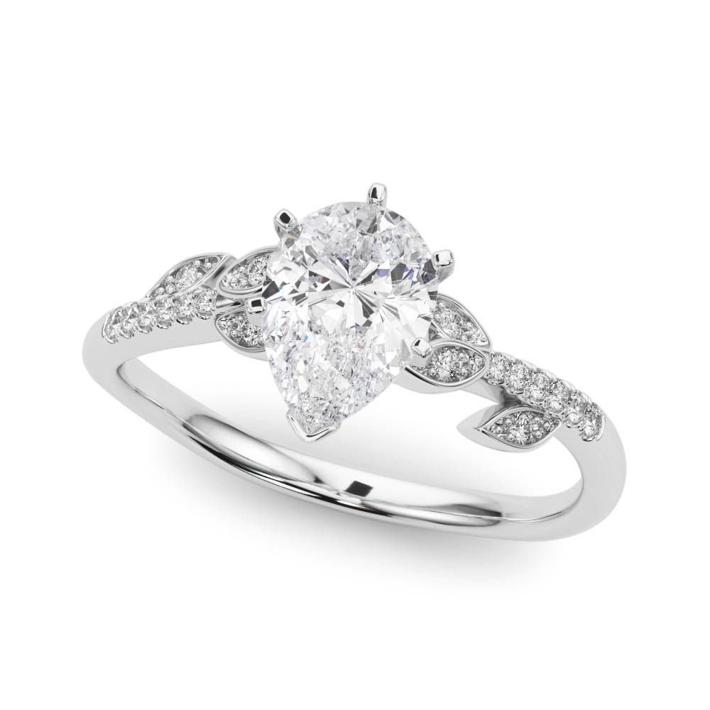 Silver Pear Solitaire Leaf-Inspired Diamond Ring with Pavé Band and Four-Prong Setting 2