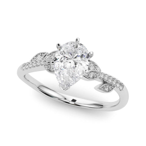 Silver Pear Solitaire Leaf-Inspired Diamond Ring with Pavé Band and Four-Prong Setting 2