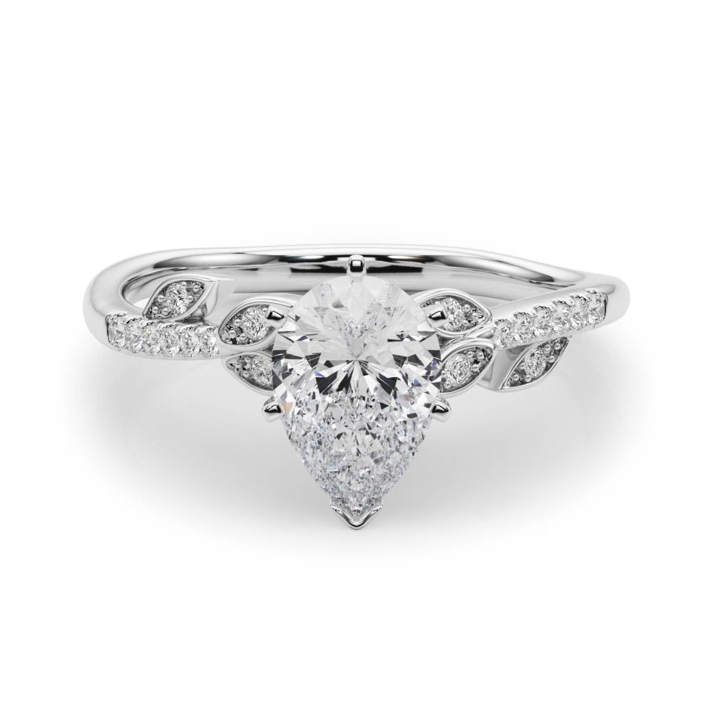 Silver Pear Solitaire Leaf-Inspired Diamond Ring with Pavé Band and Four-Prong Setting