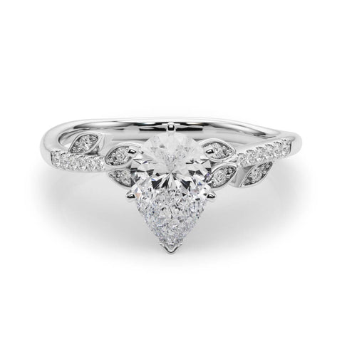 Silver Pear Solitaire Leaf-Inspired Diamond Ring with Pavé Band and Four-Prong Setting