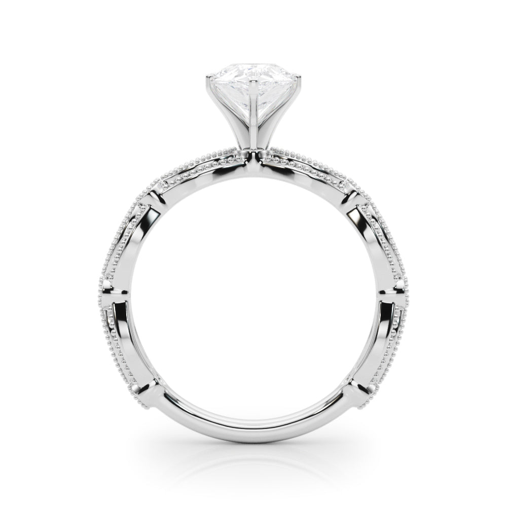 Silver Pear Solitaire Milgrain Diamond Engagement Ring with Bezel and Marquise Band 1
