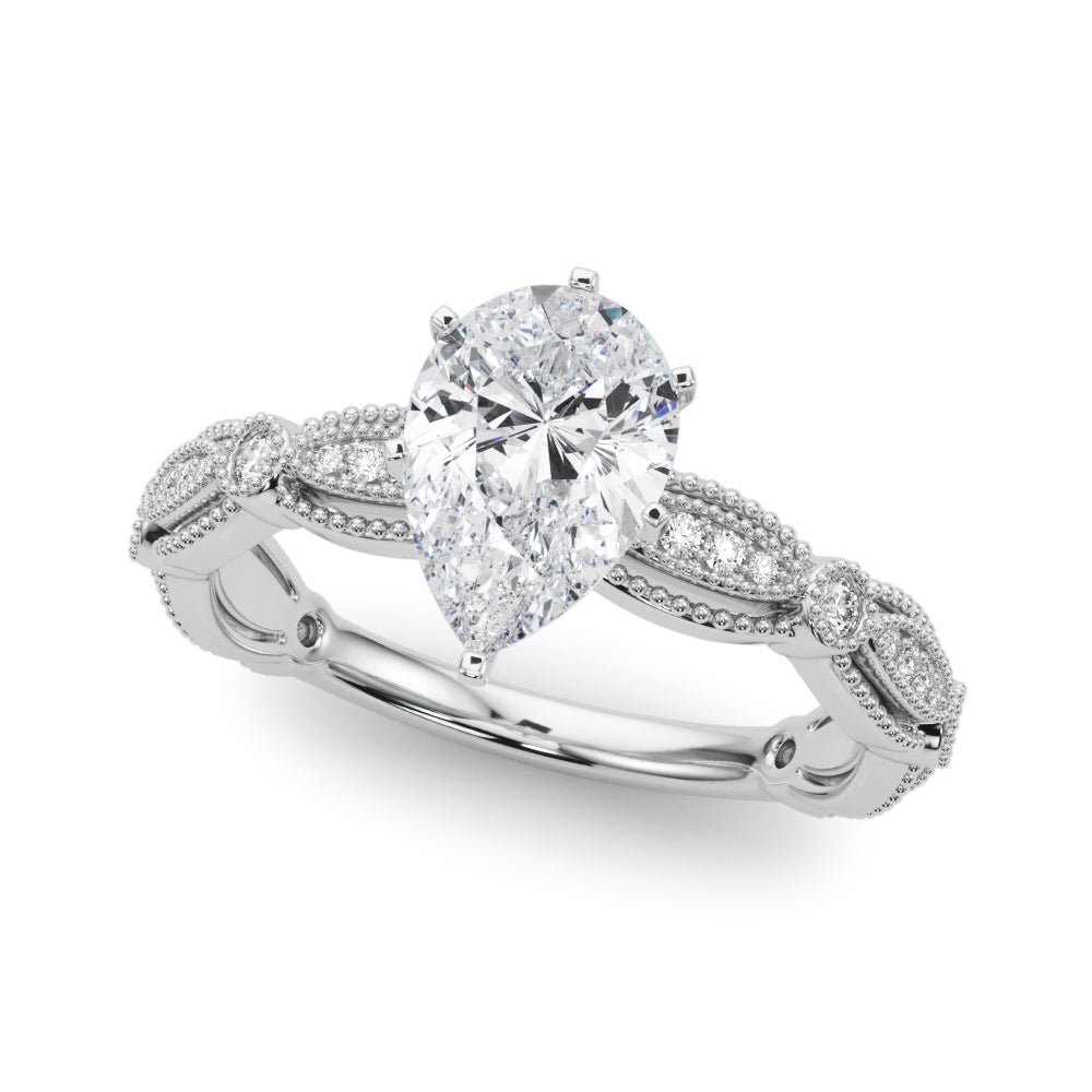 Silver Pear Solitaire Milgrain Diamond Engagement Ring with Bezel and Marquise Band 2
