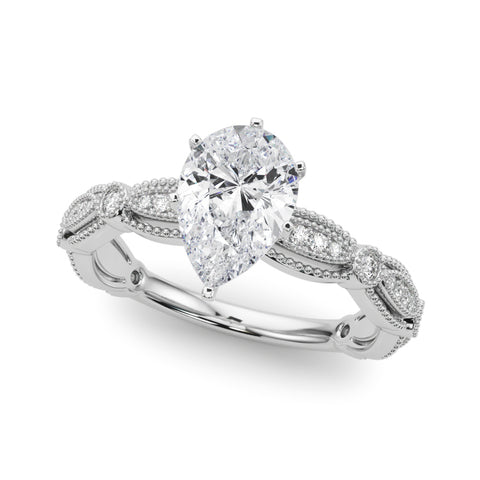 Silver Pear Solitaire Milgrain Diamond Engagement Ring with Bezel and Marquise Band 2