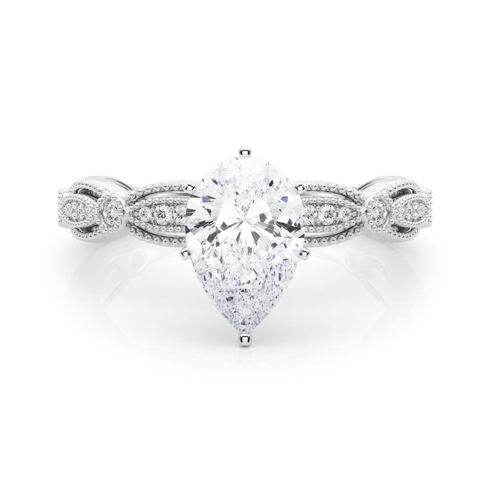 Silver Pear Solitaire Milgrain Diamond Engagement Ring with Bezel and Marquise Band