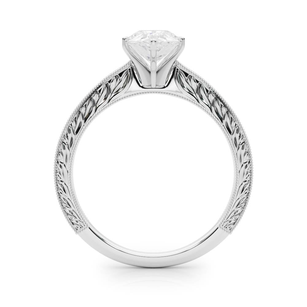 Silver Pear Solitaire Milgrain Engraved Band with Four-Prong Setting 1