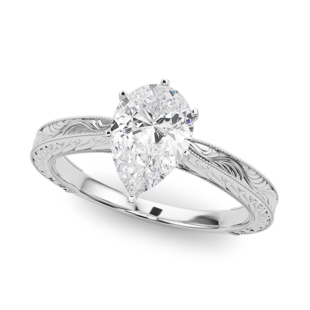 Silver Pear Solitaire Milgrain Engraved Band with Four-Prong Setting 2