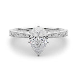 Silver Pear Solitaire Milgrain Engraved Band with Four-Prong Setting