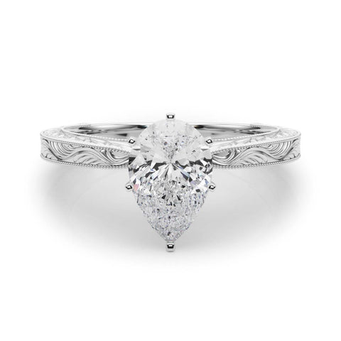 Silver Pear Solitaire Milgrain Engraved Band with Four-Prong Setting