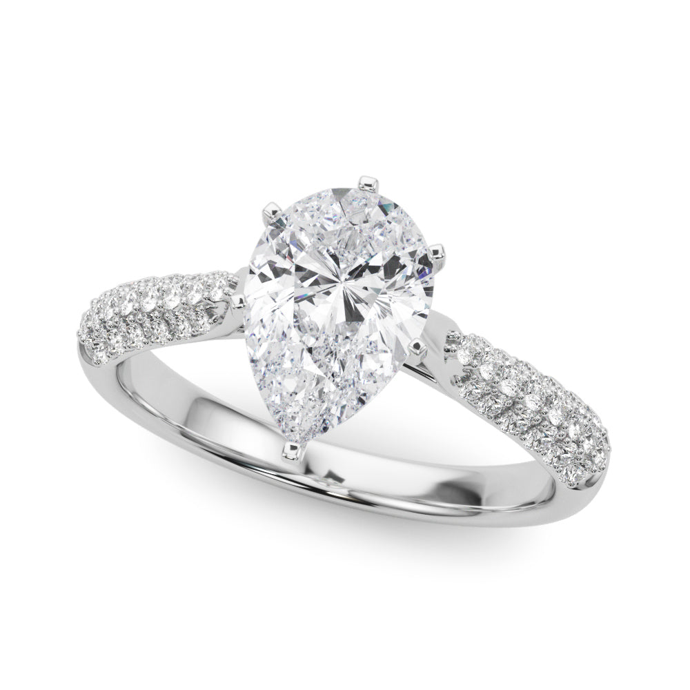Silver Pear Solitaire Pavé Diamond Engagement Ring with Four-Prong Setting 2