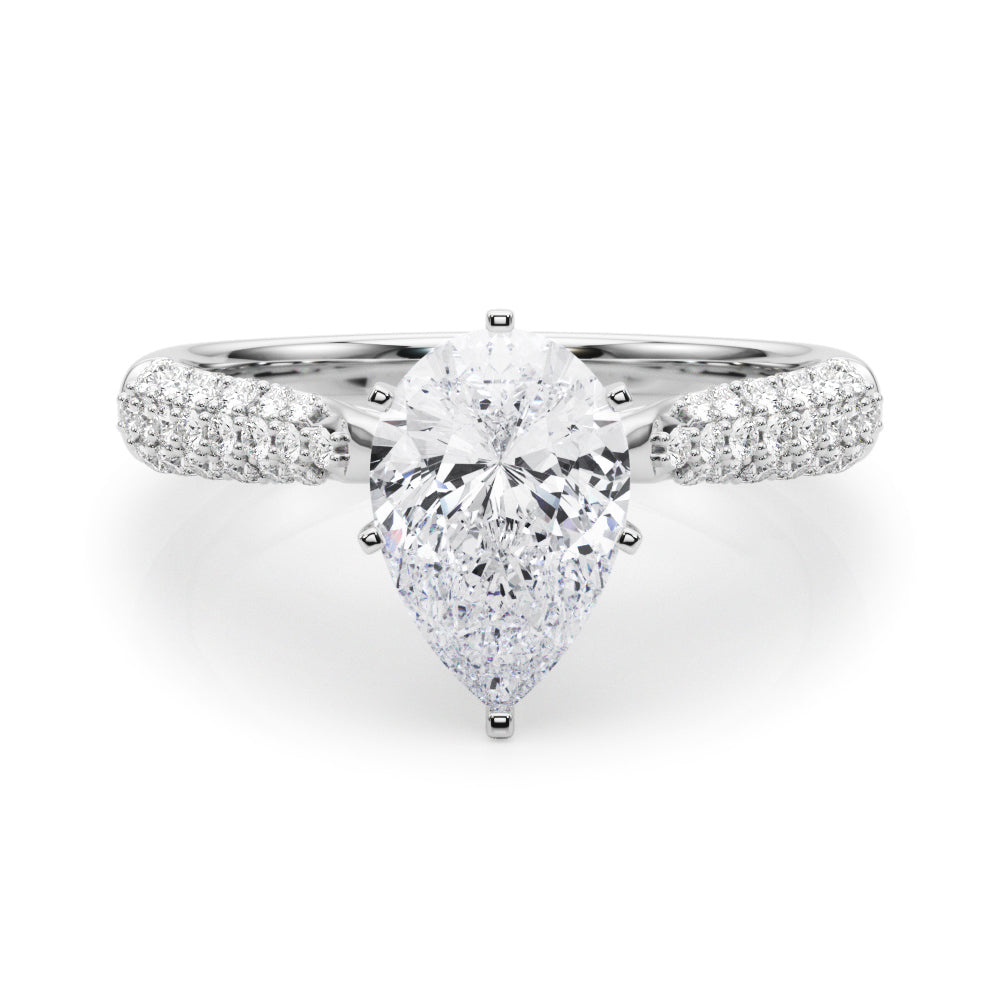 Silver Pear Solitaire Pavé Diamond Engagement Ring with Four-Prong Setting