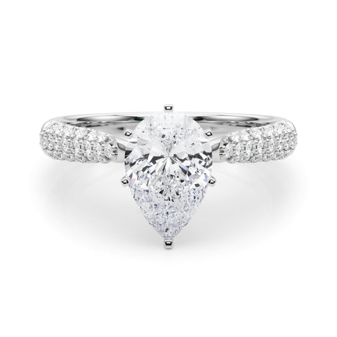 Silver Pear Solitaire Pavé Diamond Engagement Ring with Four-Prong Setting