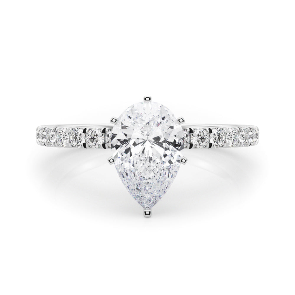Silver Pear Solitaire Pave Diamond Engagement Ring with Four-Prong Setting