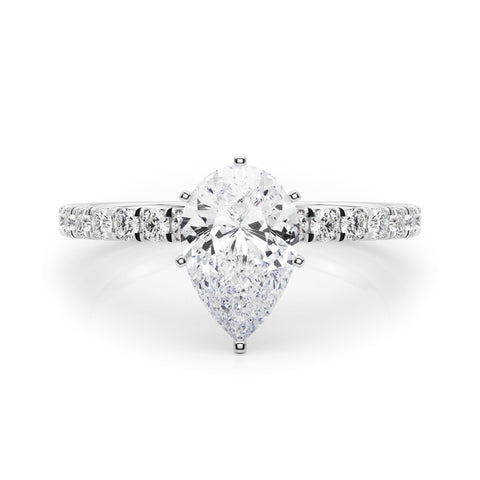 Silver Pear Solitaire Pave Diamond Engagement Ring with Four-Prong Setting