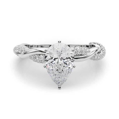 Silver Pear Solitaire Twist Band with Pave Prong Setting