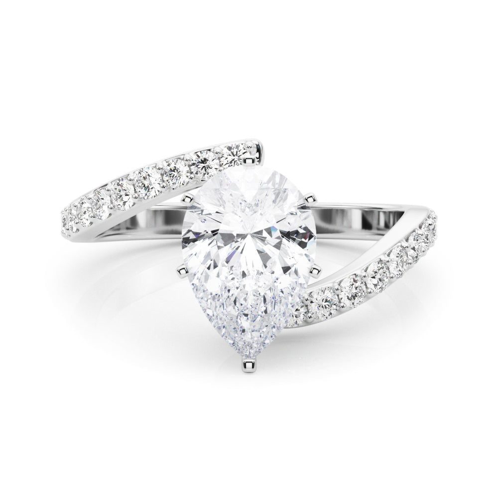 Silver Pear Solitaire Twist Band with Pave Set Diamonds and Four-Prong Setting
