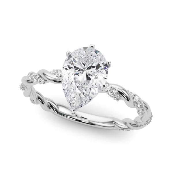 10K White Gold 2.53 Carat E VVS2 Pear Solitaire Twisted Band with Pavé Accents and Four-Prong Setting