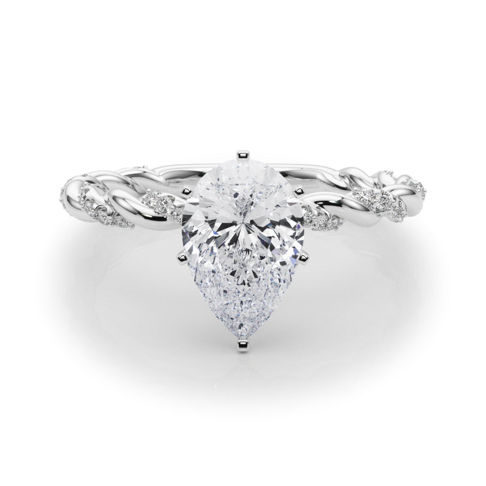 Silver Pear Solitaire Twisted Band with Pavé Accents and Four-Prong Setting