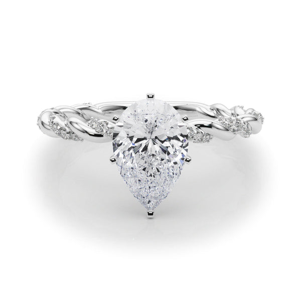10K White Gold 2.53 Carat E VVS2 Pear Solitaire Twisted Band with Pavé Accents and Four-Prong Setting