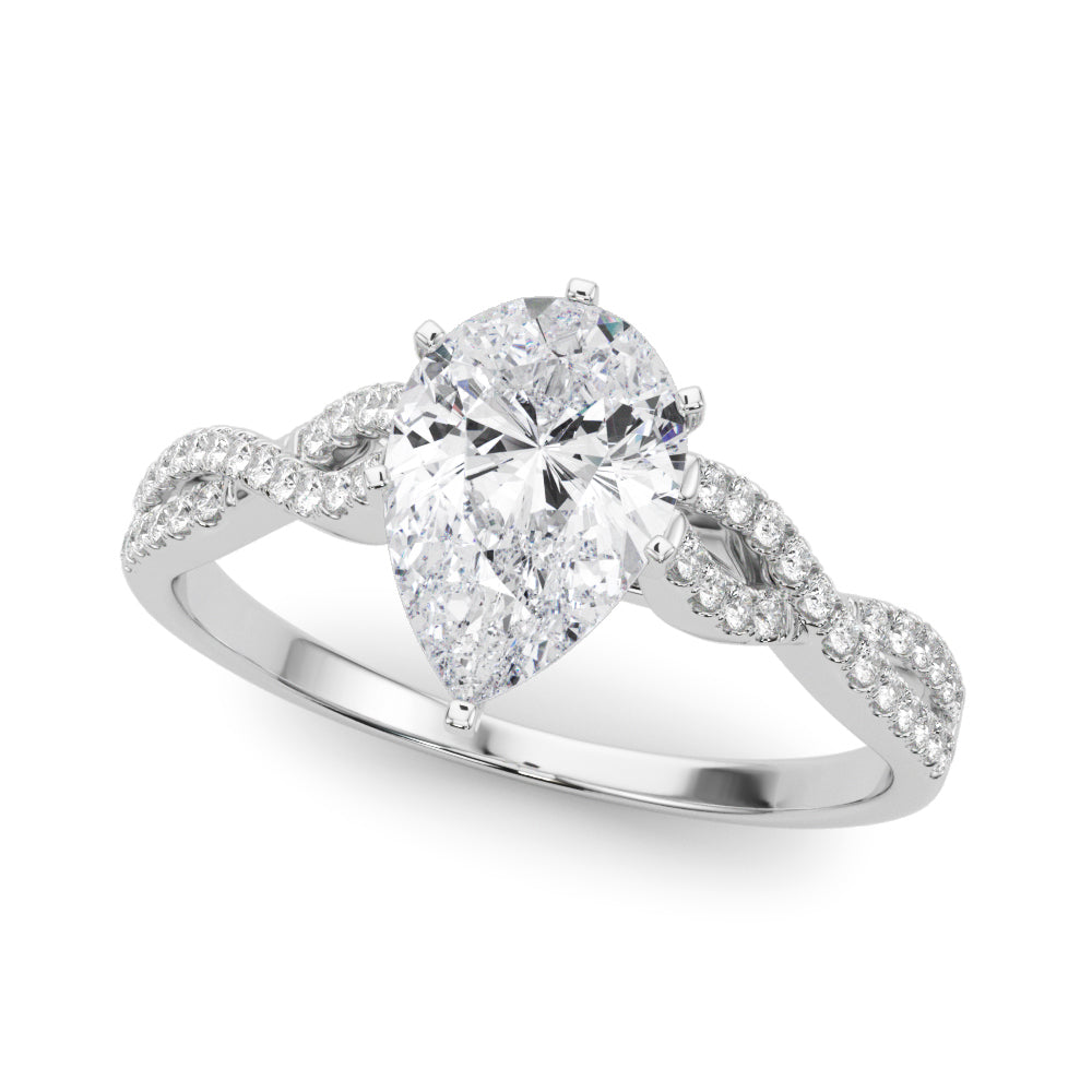 Silver Pear Solitaire Twisted Pave Diamond Engagement Ring with Four-Prong Setting 2
