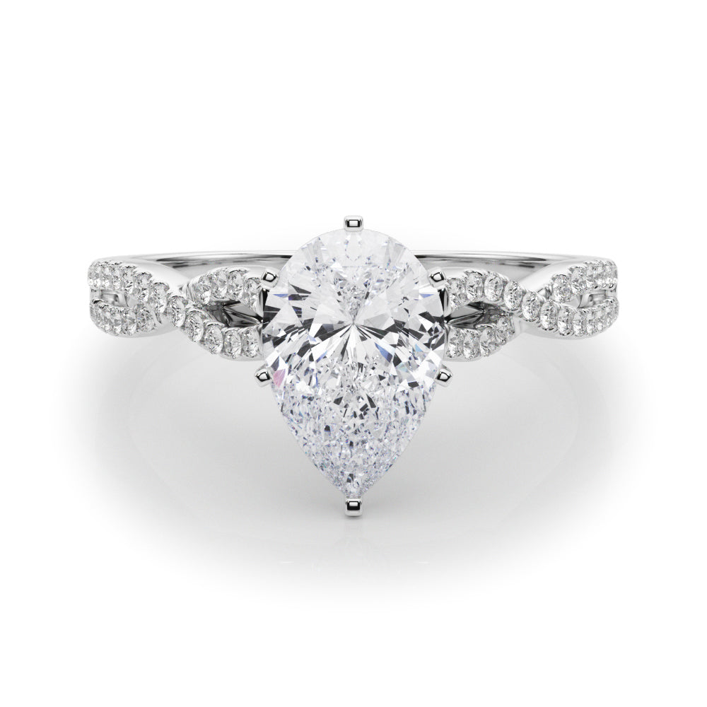 Silver Pear Solitaire Twisted Pave Diamond Engagement Ring with Four-Prong Setting