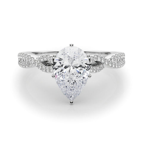 Silver Pear Solitaire Twisted Pave Diamond Engagement Ring with Four-Prong Setting