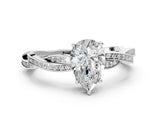 Silver Pear Solitaire Twisted Pave Diamond Ring with Four-Prong Setting