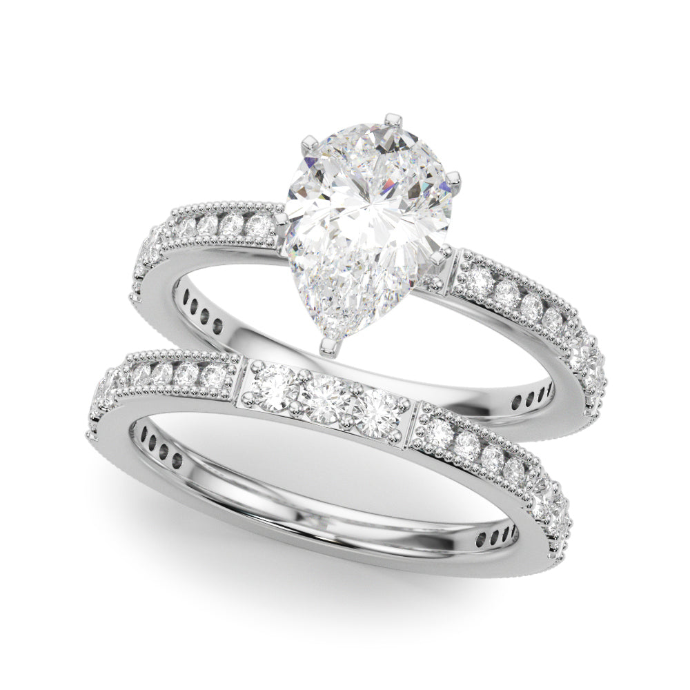 Silver Pear Solitaire with Pavé Band and Four-Prong Setting