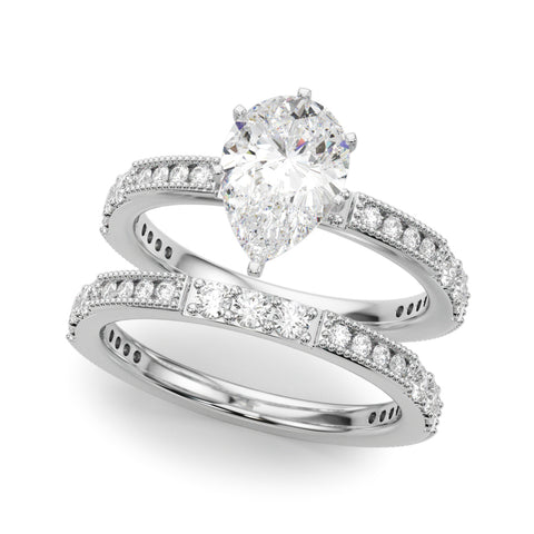 Silver Pear Solitaire with Pavé Band and Four-Prong Setting