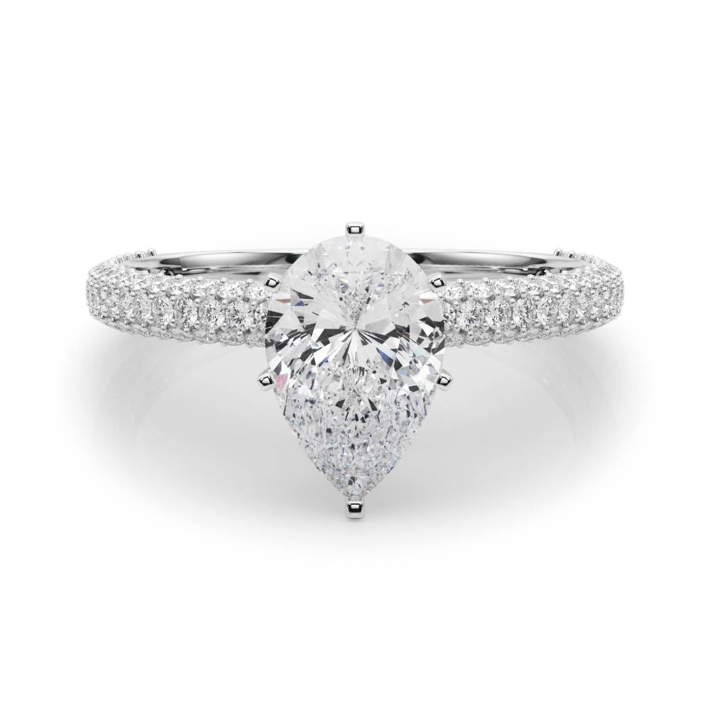 Silver Pear Solitaire with Pave Band and Four-Prong Setting