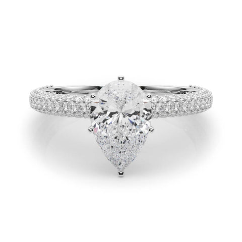 Silver Pear Solitaire with Pave Band and Four-Prong Setting