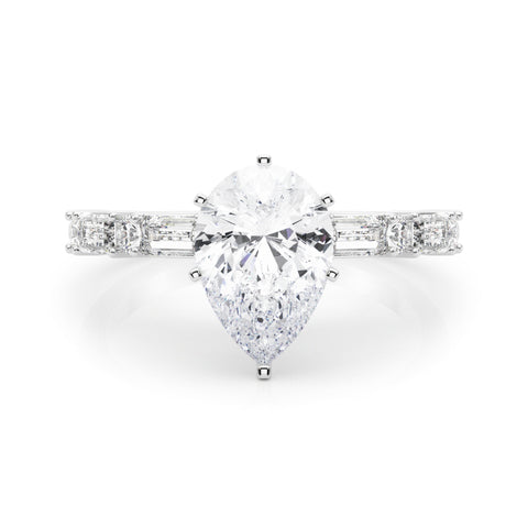 Silver Pear Solitaire with Side Baguettes and Channel Set Band