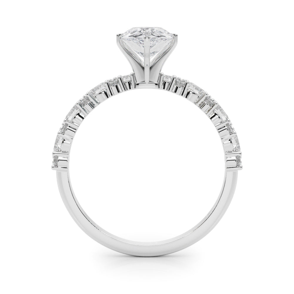 Silver Pear Solitaire with Side Stones, Pave Band, Four-Prong Setting 1