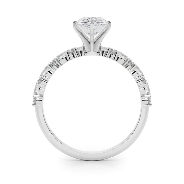 10K White Gold 2.60 Carat F VS1 Pear Solitaire with Side Stones, Pave Band, Four-Prong Setting