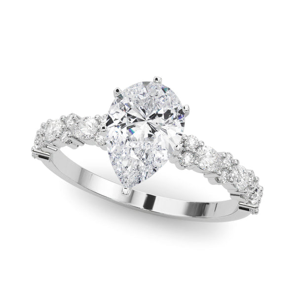 10K White Gold 2.60 Carat F VS1 Pear Solitaire with Side Stones, Pave Band, Four-Prong Setting