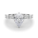 10K White Gold 2.60 Carat F VS1 Pear Solitaire with Side Stones, Pave Band, Four-Prong Setting