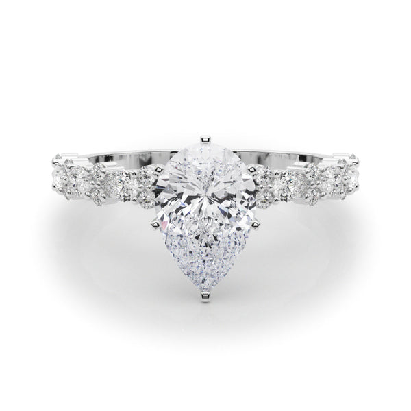 10K White Gold 2.60 Carat F VS1 Pear Solitaire with Side Stones, Pave Band, Four-Prong Setting