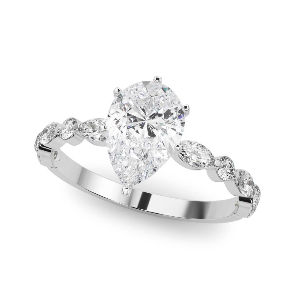 Silver Pear Solitaire with Side Stones on a Pavé Band and Four-Prong Setting 2