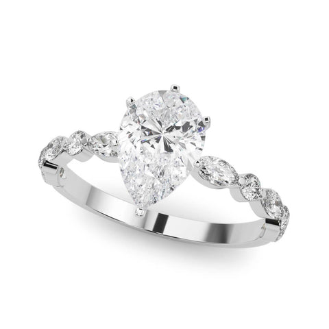 Silver Pear Solitaire with Side Stones on a Pavé Band and Four-Prong Setting 2