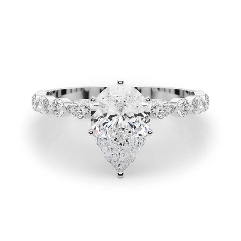 Silver Pear Solitaire with Side Stones on a Pavé Band and Four-Prong Setting