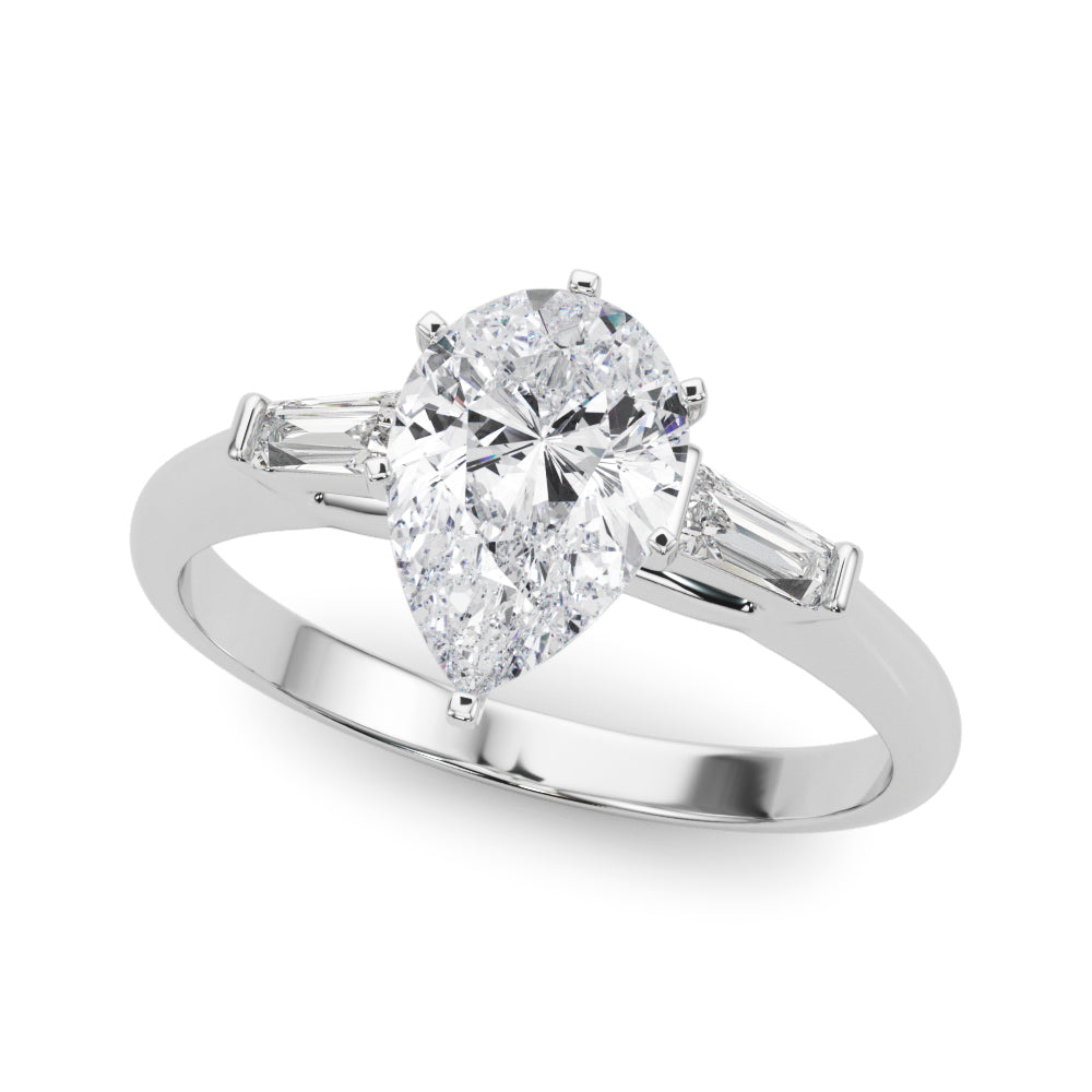 Silver Pear Solitaire with Tapered Baguette Side Stones on a Classic Band with Six-Prong Setting 2