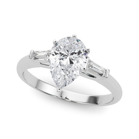Silver Pear Solitaire with Tapered Baguette Side Stones on a Classic Band with Six-Prong Setting 2