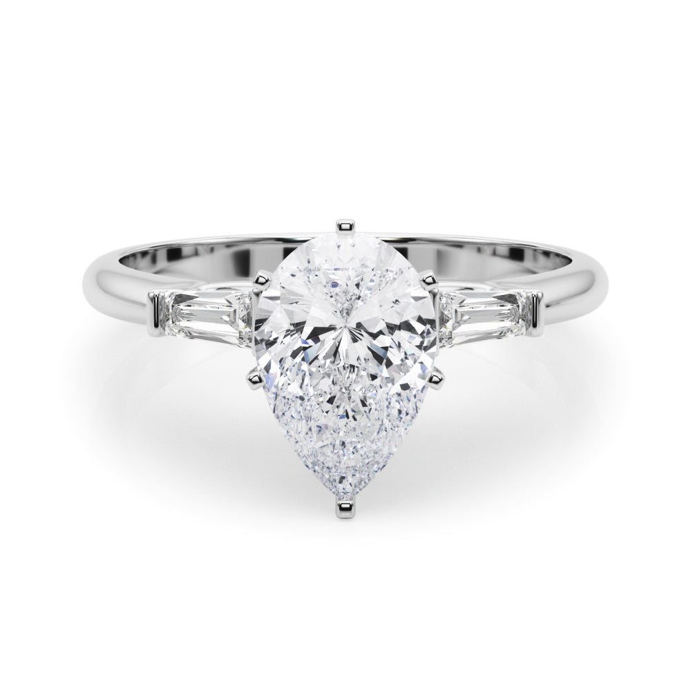 Silver Pear Solitaire with Tapered Baguette Side Stones on a Classic Band with Six-Prong Setting