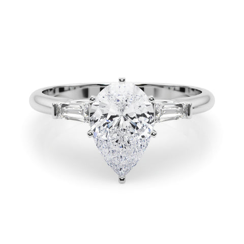 Silver Pear Solitaire with Tapered Baguette Side Stones on a Classic Band with Six-Prong Setting