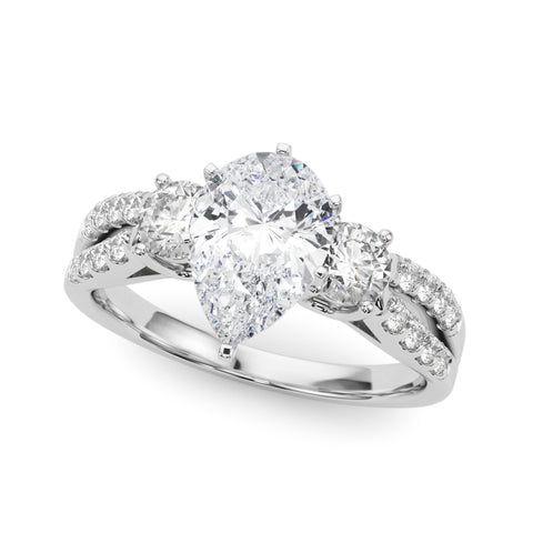 Silver Pear Three-Stone Diamond Ring with Pavé Split Shank and Four-Prong Setting 2