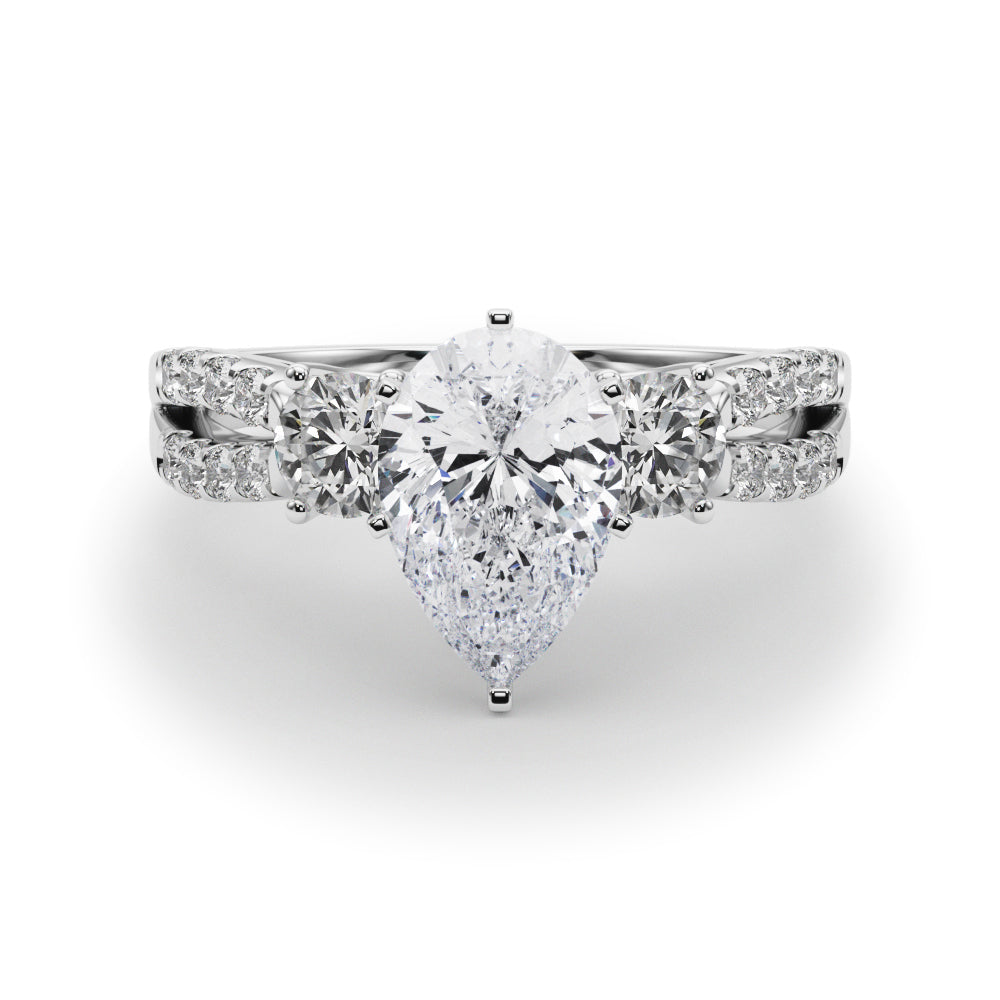 Silver Pear Three-Stone Diamond Ring with Pavé Split Shank and Four-Prong Setting