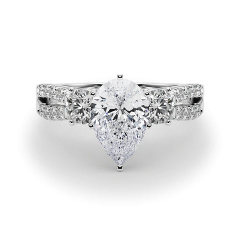 Silver Pear Three-Stone Diamond Ring with Pavé Split Shank and Four-Prong Setting