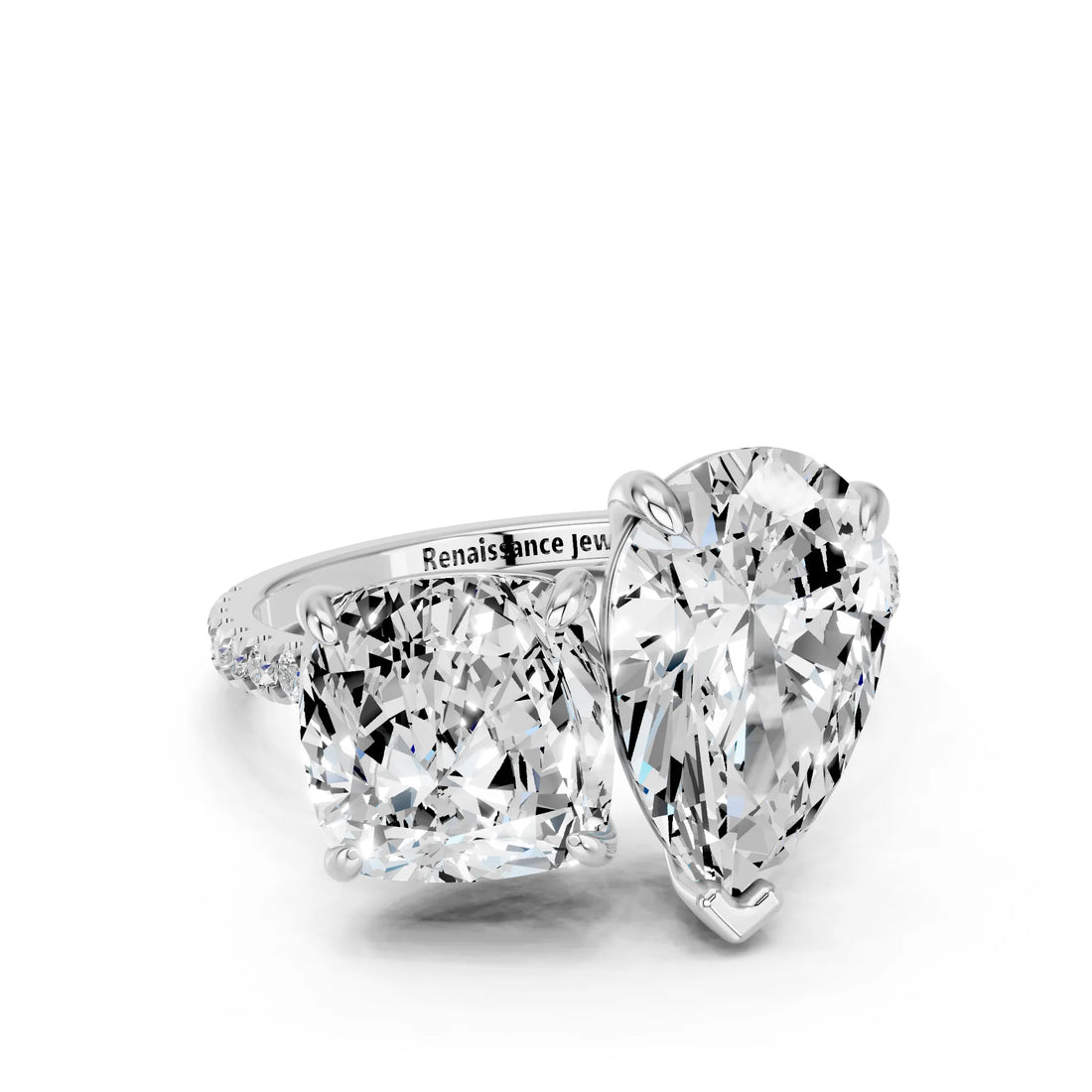 Silver Pear and Cushion Toi Moi Ring with Prong Setting and Pave Band
