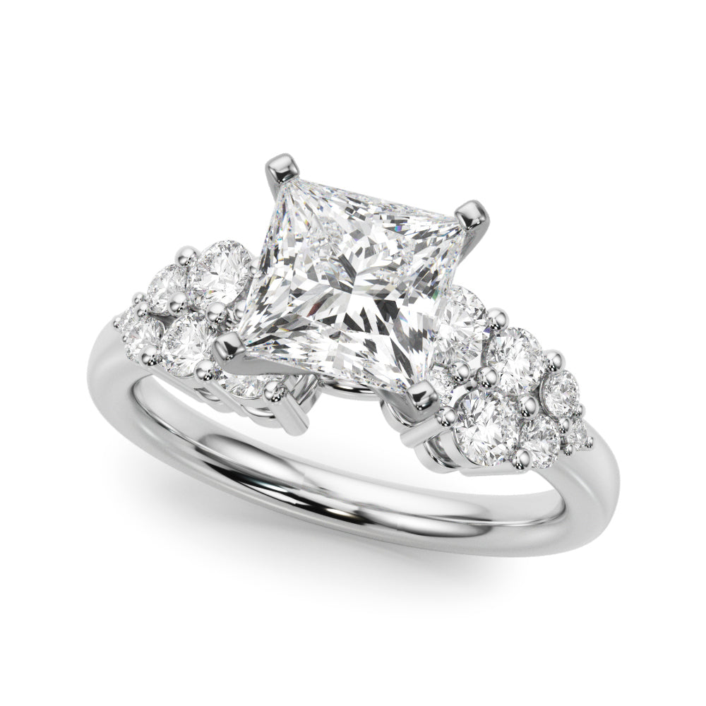 Silver Princess Cluster Diamond Engagement Ring with Pavé Band and Four-Prong Setting 2